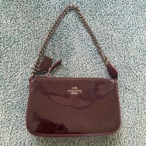 Coach Oxford patent wristlet with gunmetal chain